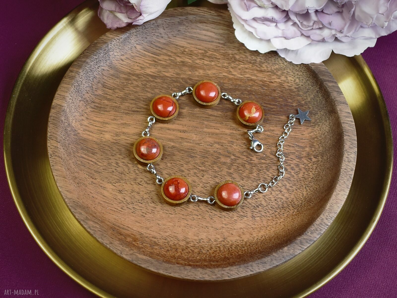 bransoletki: Drewniana bransoletka czerwony jaspis #108 HandMade