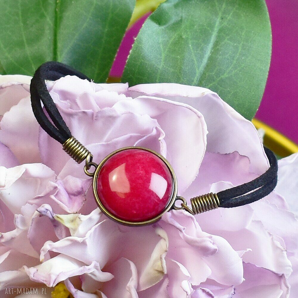 Bransoletka rzemyku kamień czerwony jadeit antyczny brąz #100