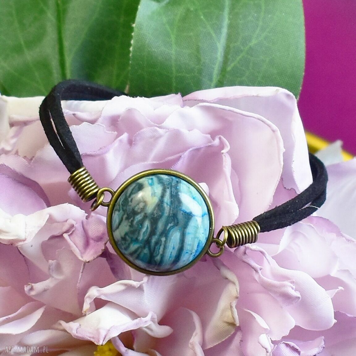 Bransoletka rzemyku kamień jaspis niebieski antyczny brąz #97