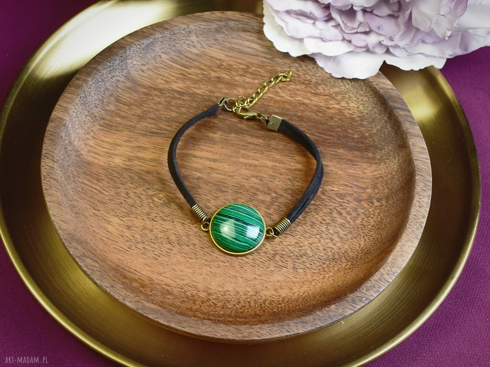 bransoletki: Bransoletka na rzemyku kamień malachit antyczny brąz #92 handmade