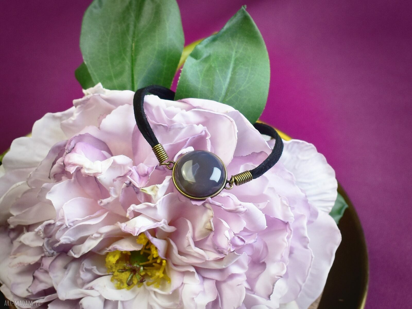 bransoletki: Bransoletka na rzemyku kamień szary agat antyczny brąz #95 handmade