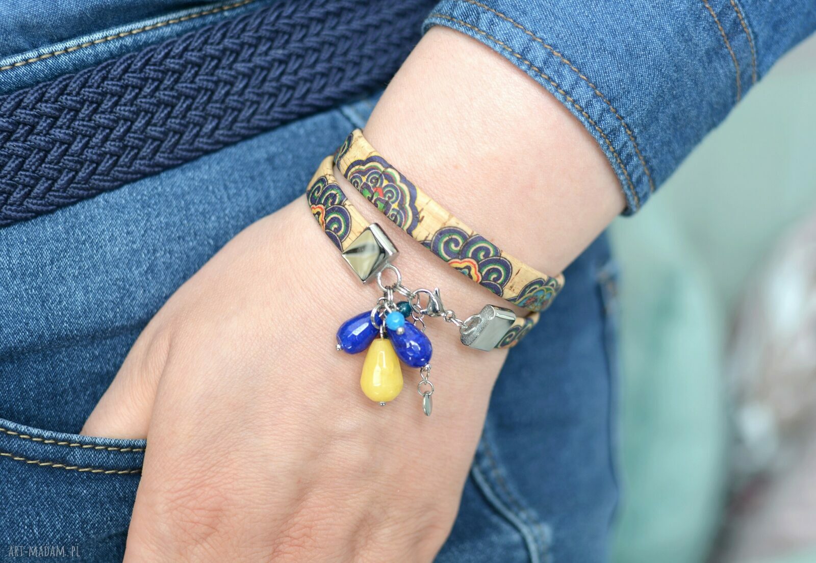 Bransoletka z korka Portobello Double z jadeitem