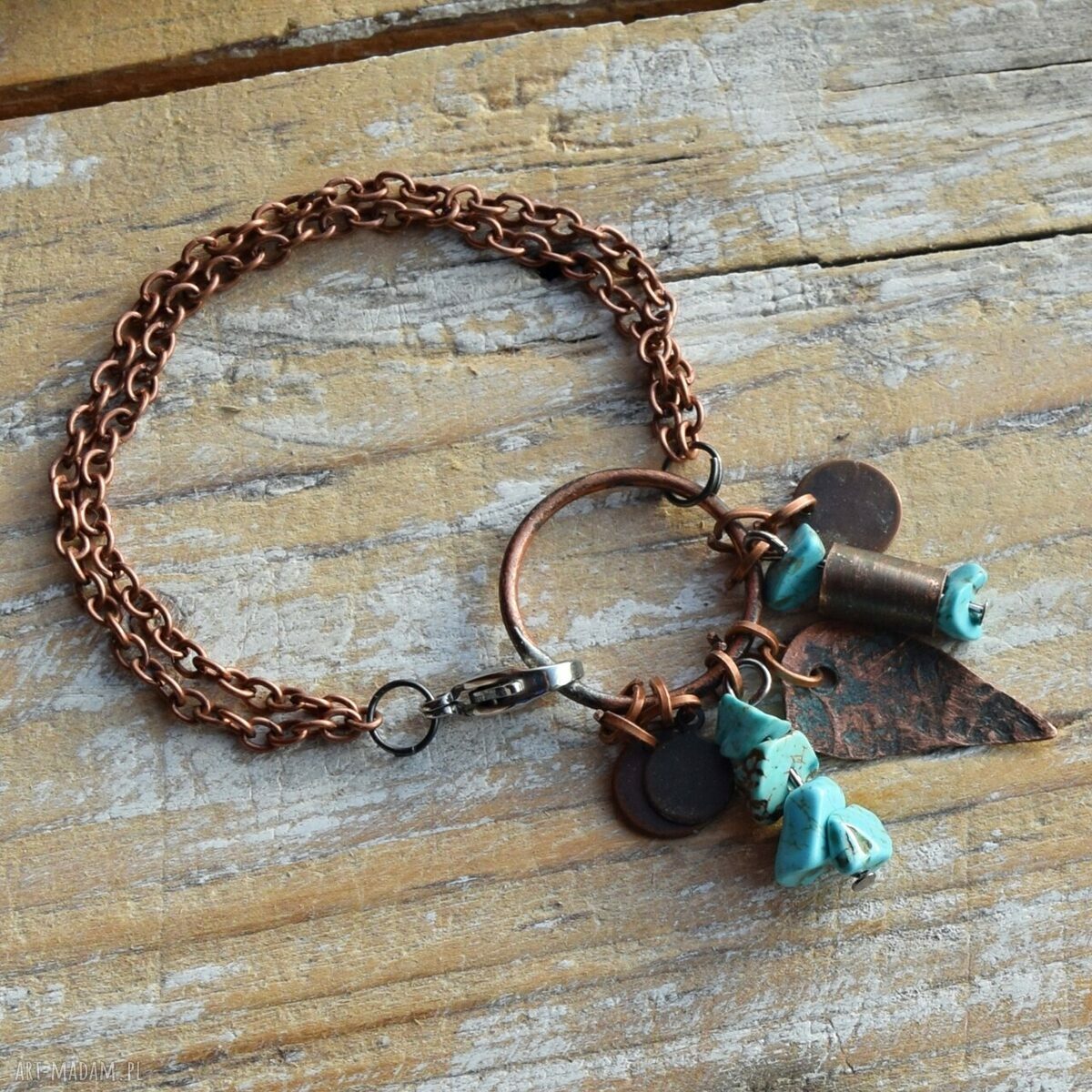 Bransoletka z kutej oksydowanej miedzi i turkusu - autorska biżuteria handmade