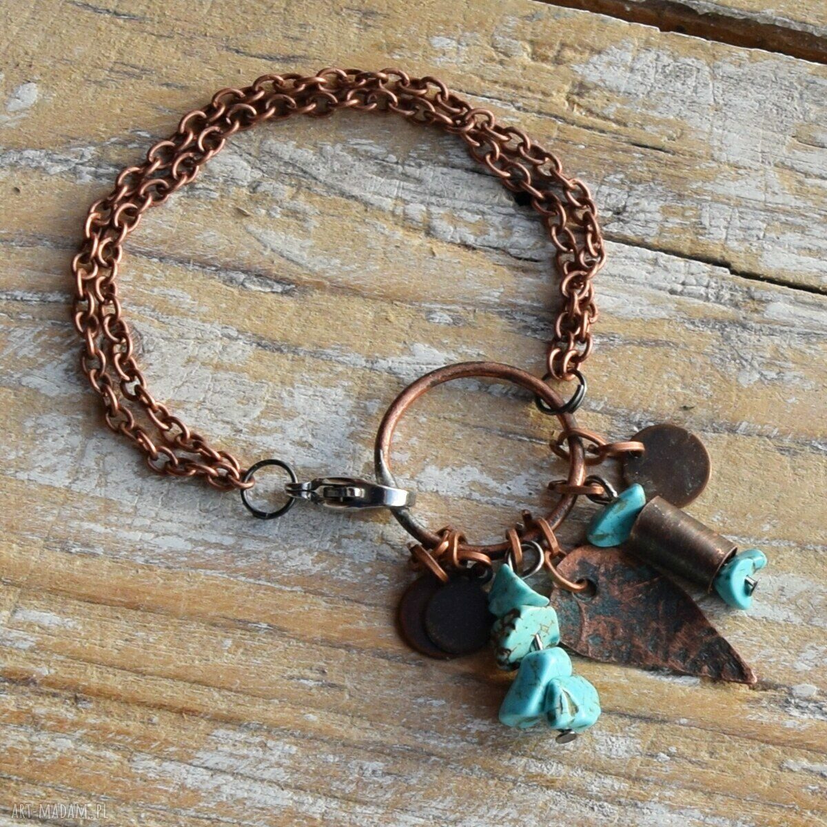 Bransoletka z kutej oksydowanej miedzi i turkusu - autorska biżuteria handmade