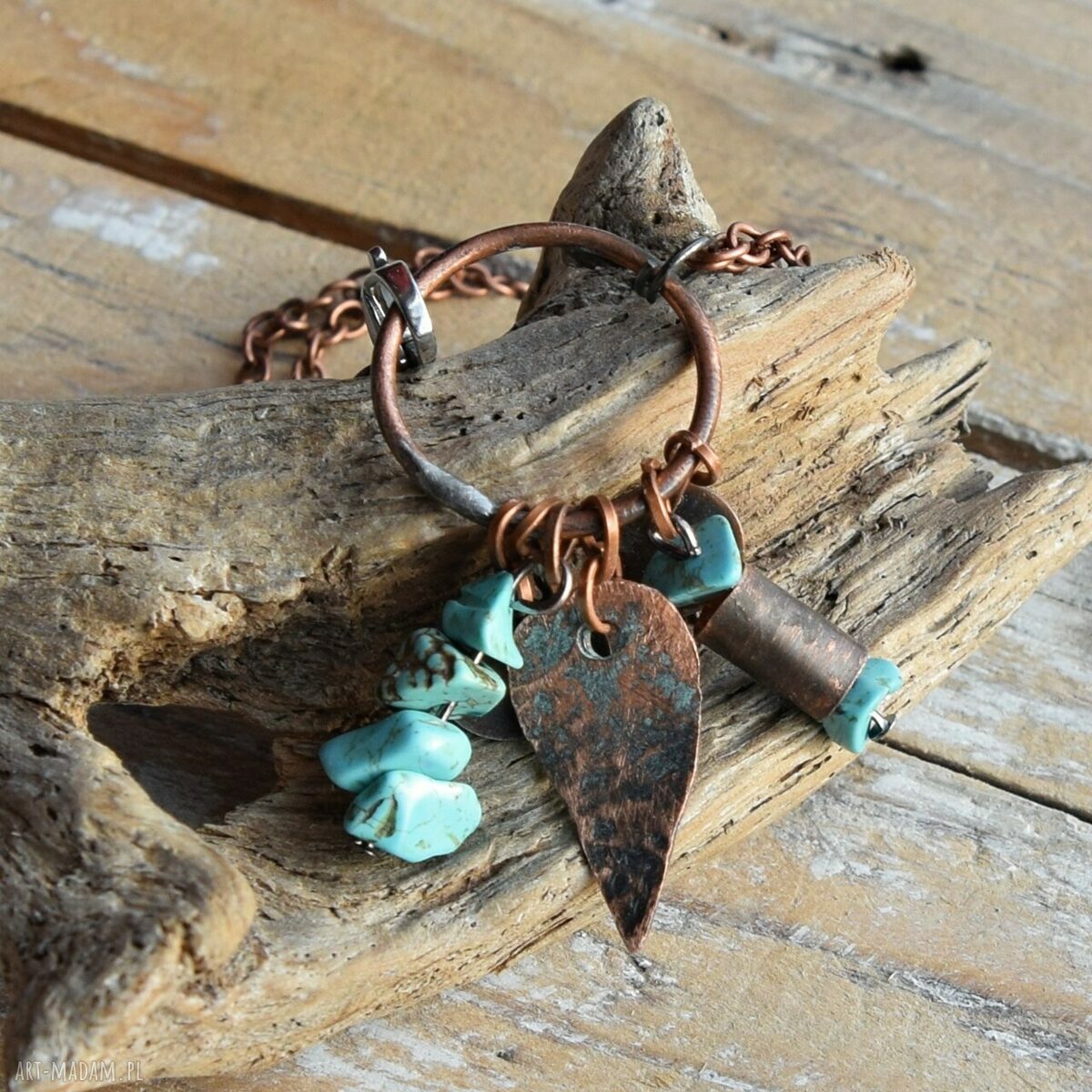 Bransoletka z kutej oksydowanej miedzi i turkusu - autorska biżuteria handmade