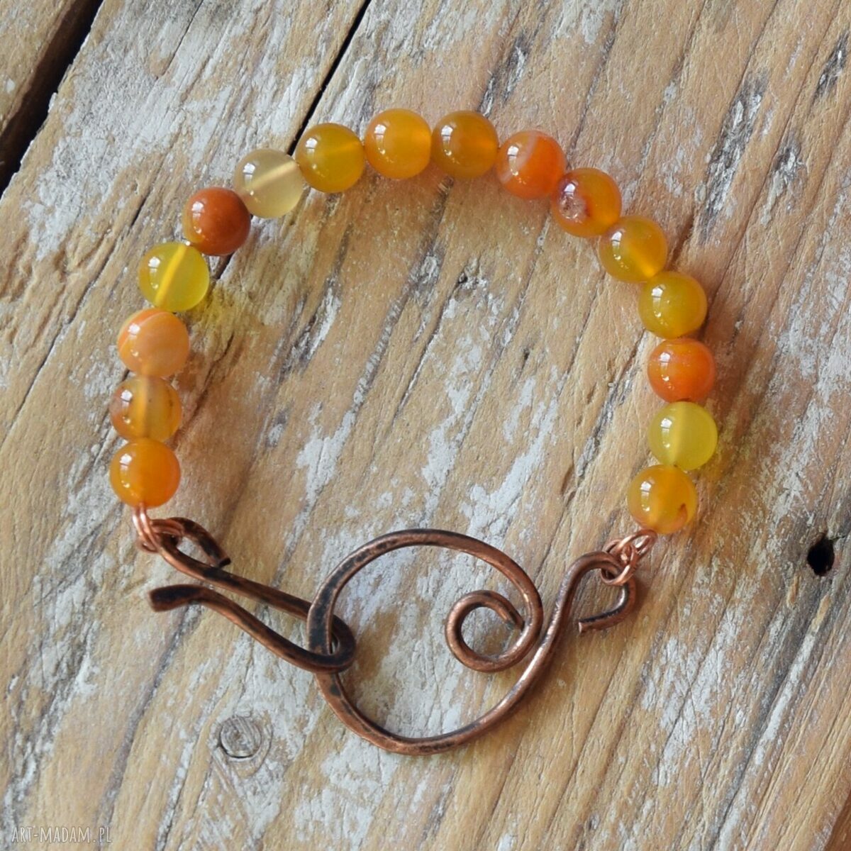 Bransoletka z kutej oksydowanej miedzi i barwionego agatu - handmade unikat