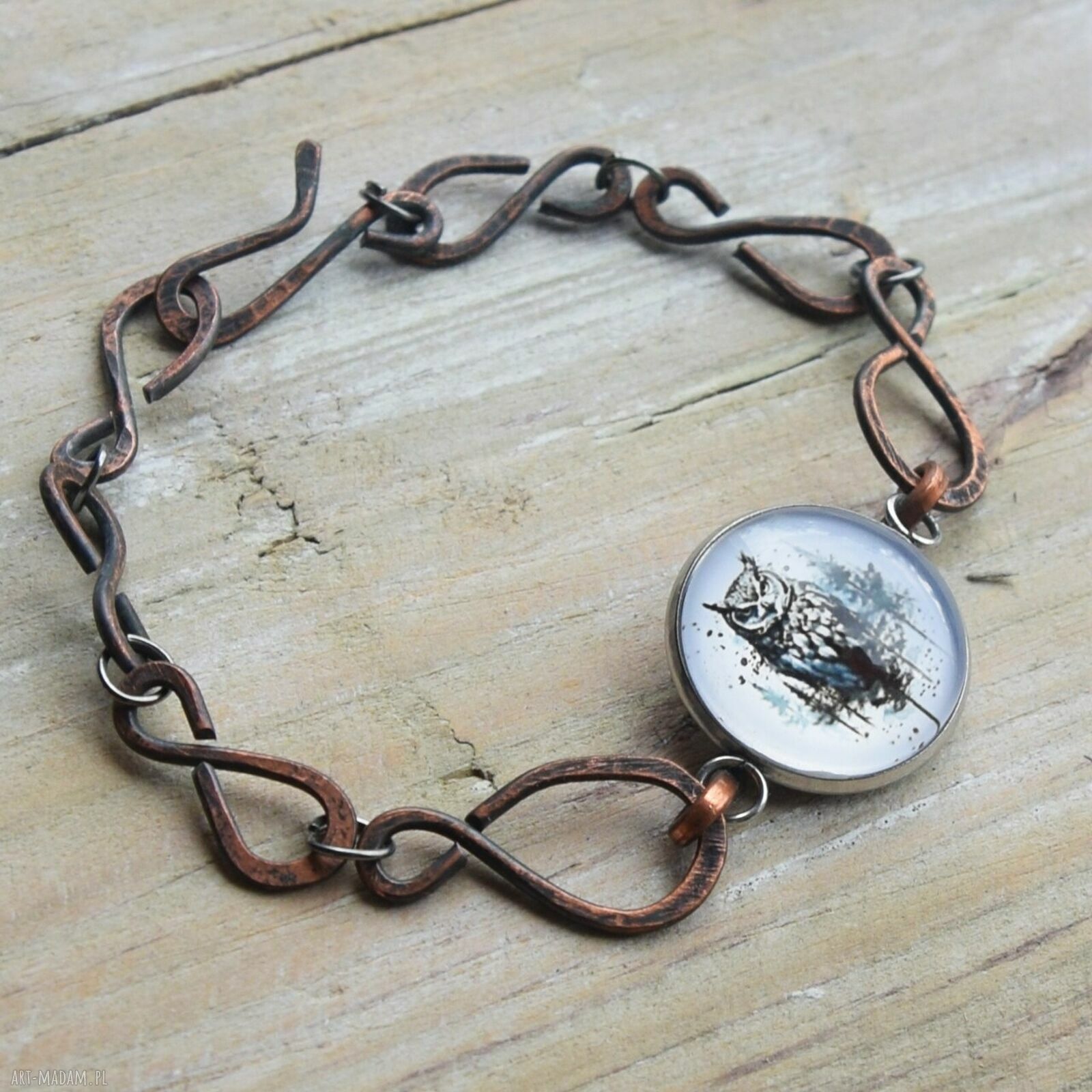 Bransoletka z oksydowanej miedzi z motywem sowy - handmade unikat