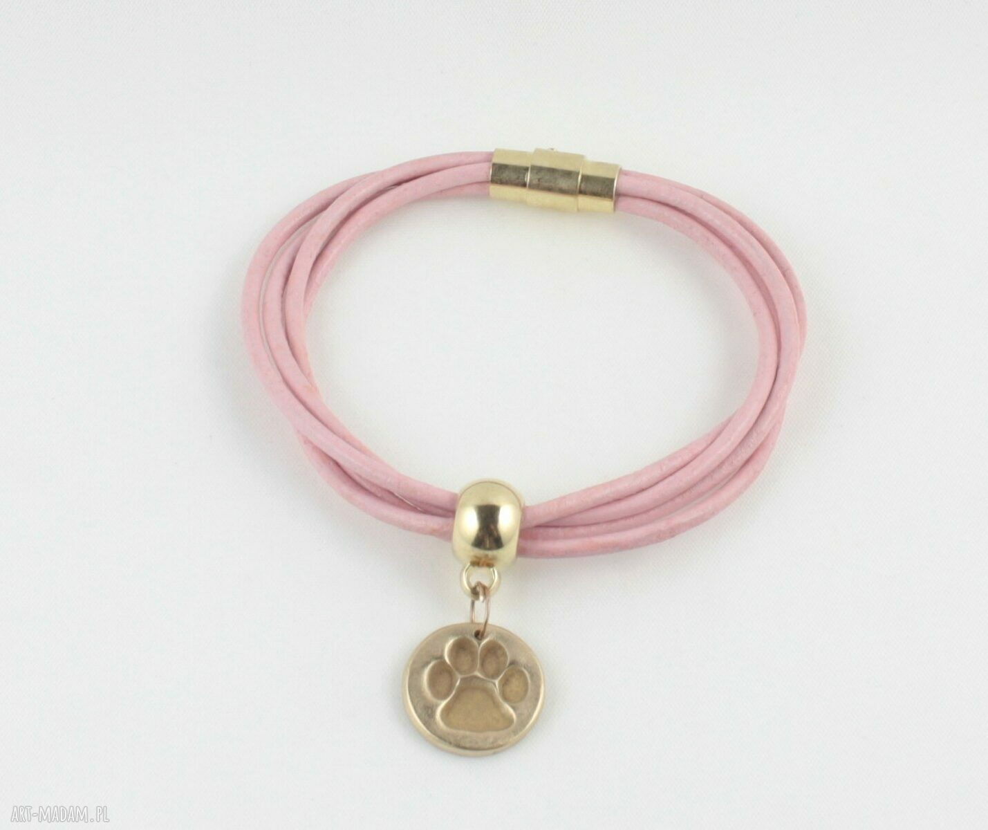 Bransoletka z łapką w różu - handmade z rzemienia