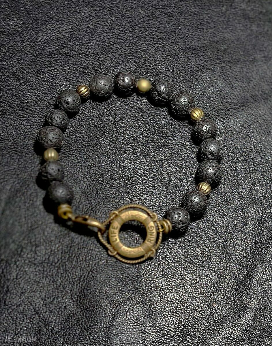 Bransoletka z lawy wulkanicznej z kołem ratunkowym - unisex handmade