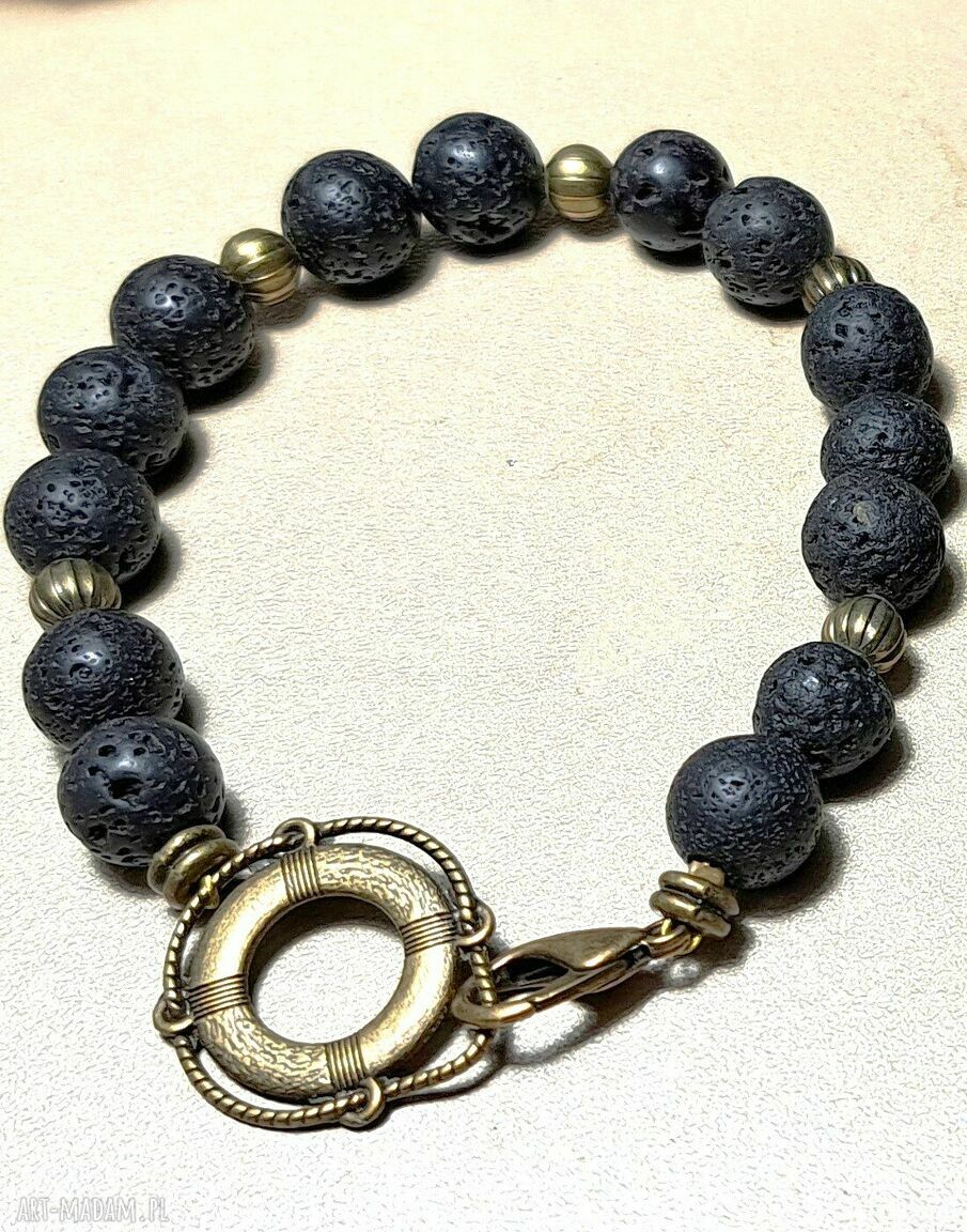 Bransoletka z lawy wulkanicznej z kołem ratunkowym - unisex handmade