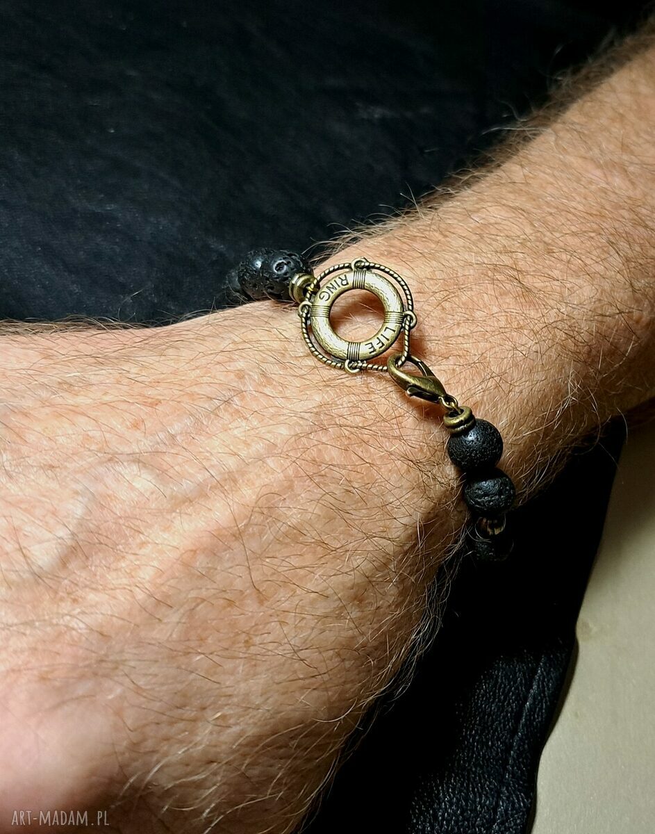 Bransoletka z lawy wulkanicznej z kołem ratunkowym - unisex handmade
