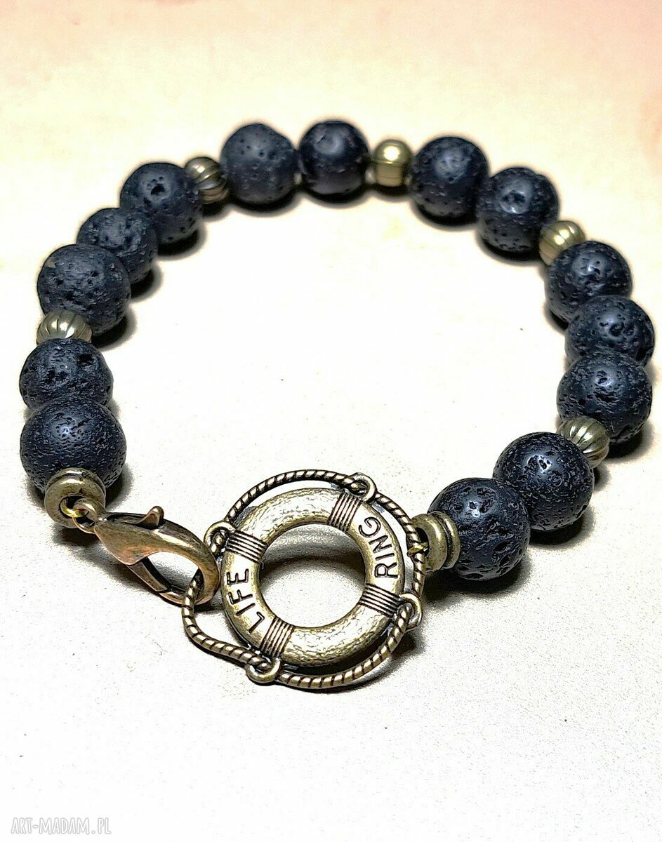 Bransoletka z lawy wulkanicznej z kołem ratunkowym - unisex handmade