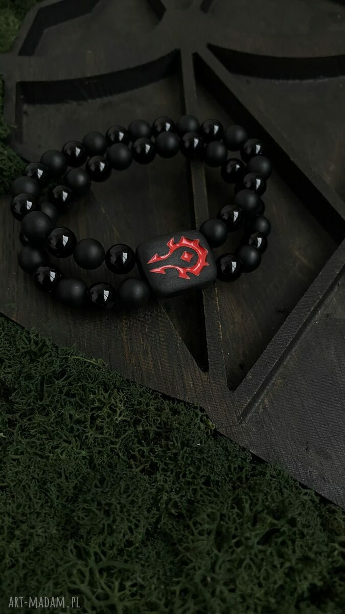 Bransoletka z logo World of Warcraft (WOW) - agat 8 mm i drewniana wkładka