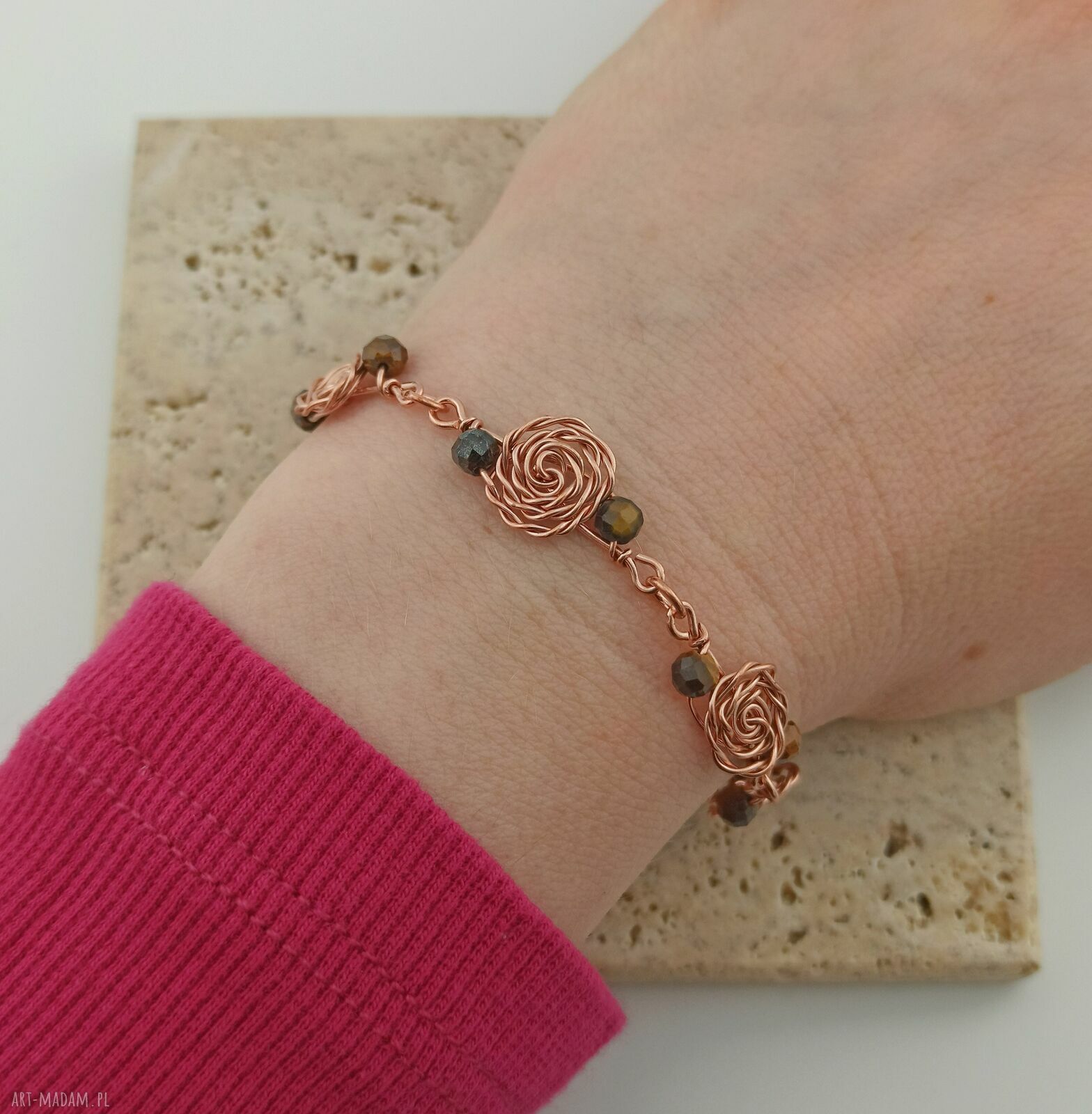 Bransoletka z miedzi z kamieniami tygrysie oko wire wrapping