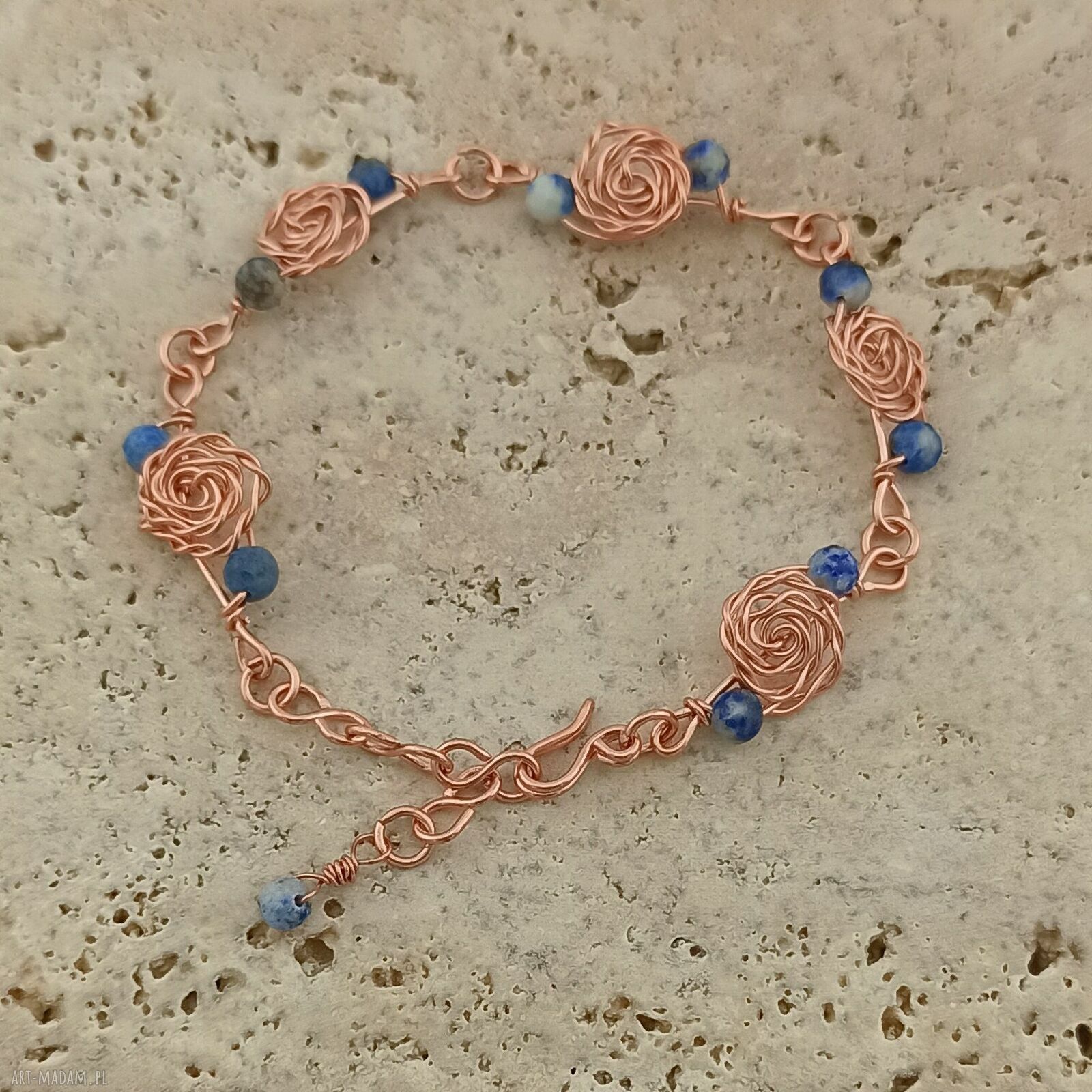 Bransoletka z miedzi Kwiaty z lapis lazuli - wire wrapping