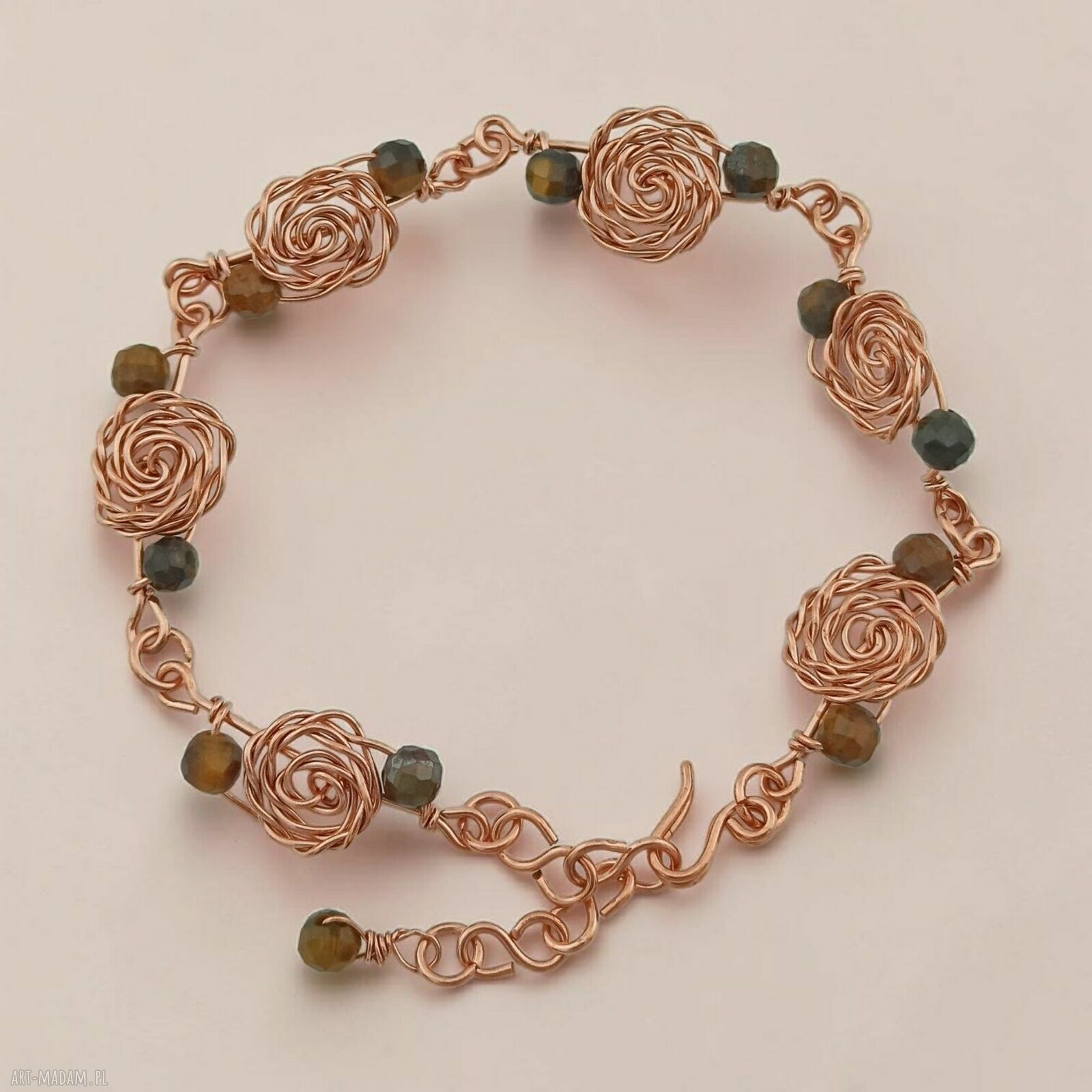Bransoletka z miedzi z kamieniami tygrysie oko (wire wrapping)