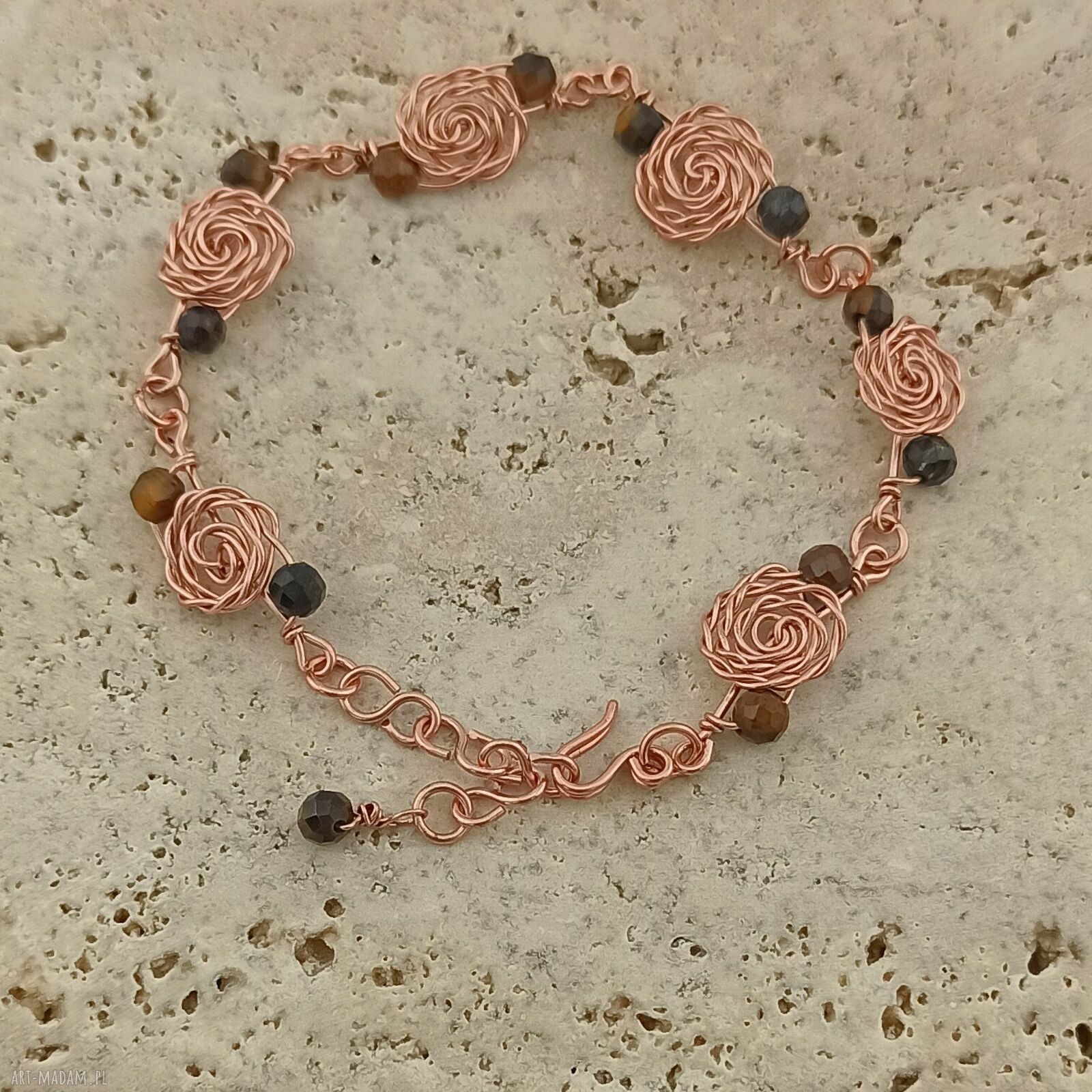Bransoletka z miedzi z kamieniami tygrysie oko (wire wrapping)