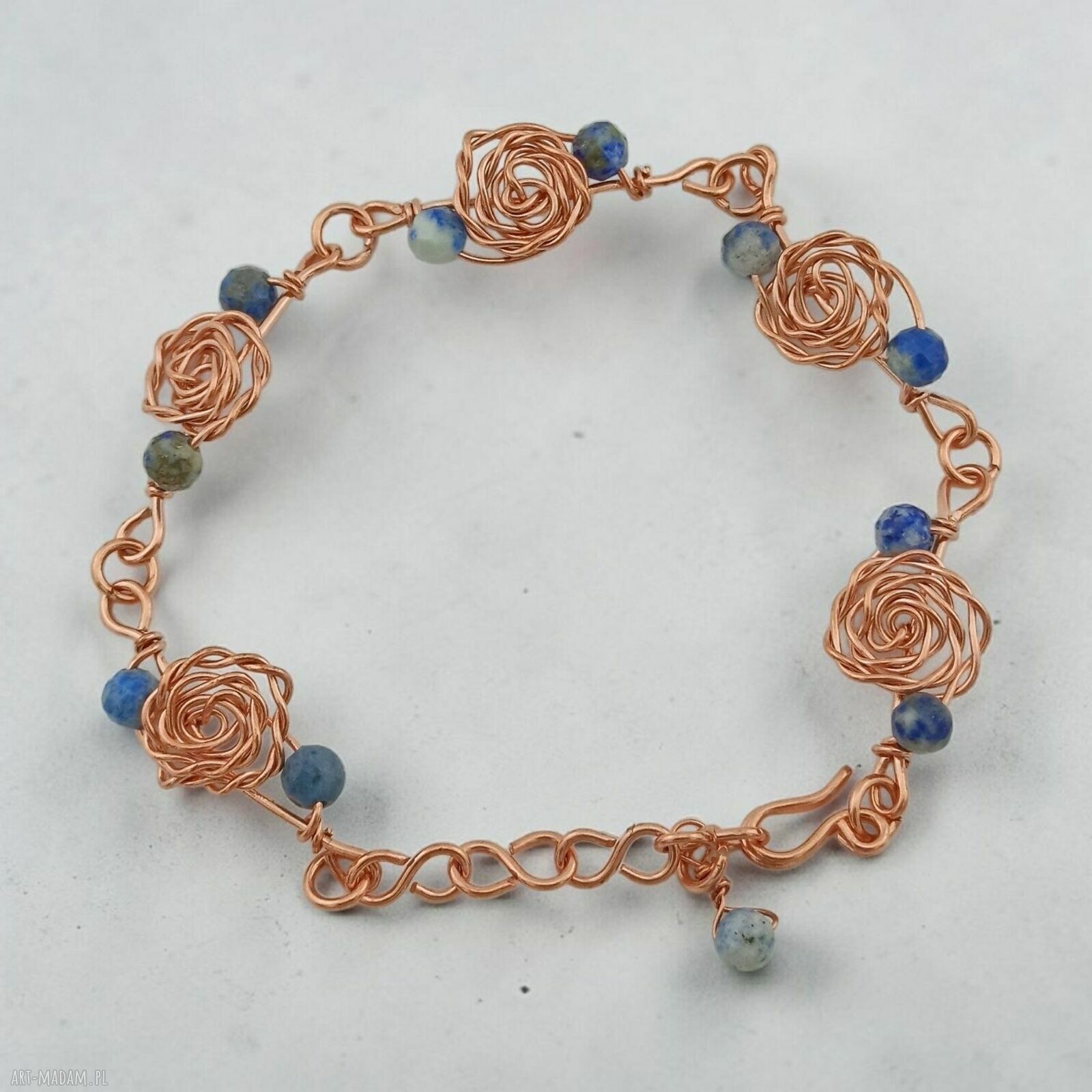 Bransoletka z miedzi Kwiaty z lapis lazuli - wire wrapping