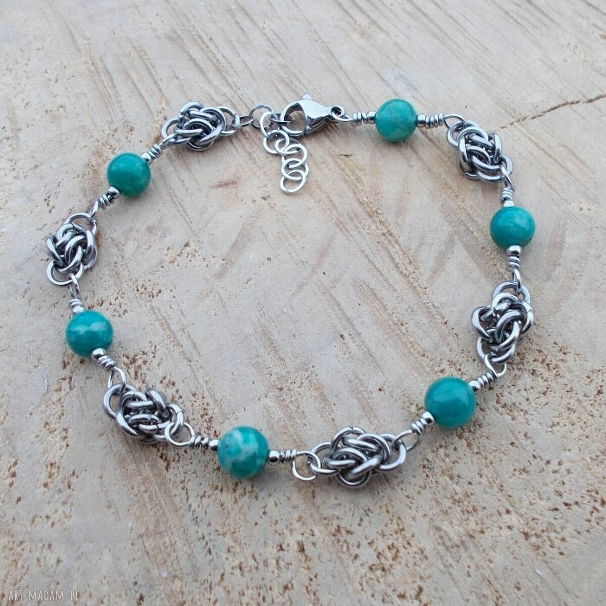 Bransoletka z morskim amazonitem ze stali chirurgicznej w technice chainmaille