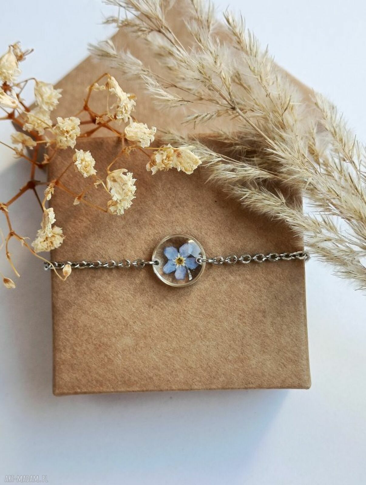 Bransoletka z niezapominajką w kolorze srebrnym - boho handmade