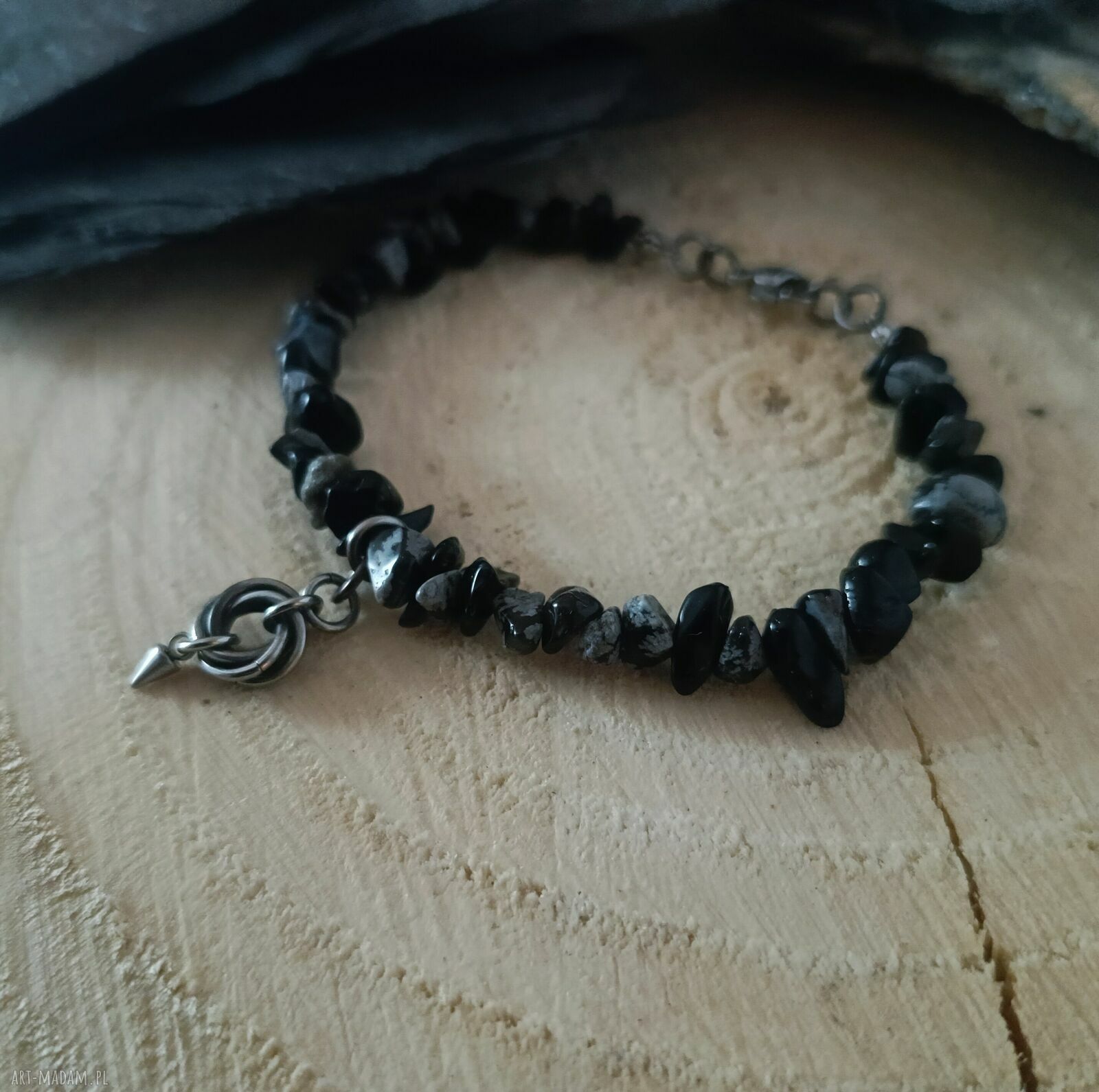 Bransoletka z obsydianu śnieżnego i chainmaille