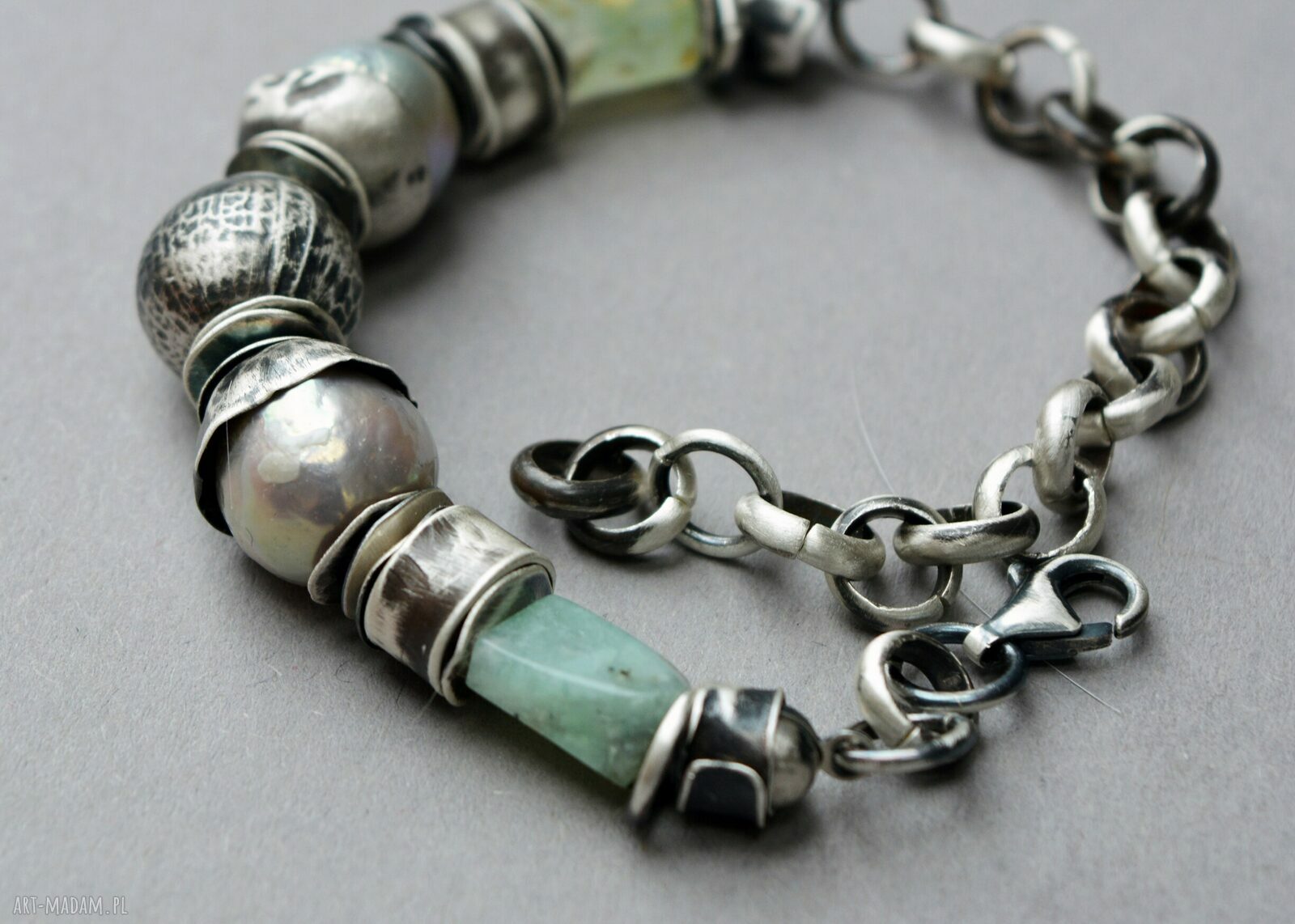 Bransoletka handmade z chryzoprazem i perłami ze srebra 925 oksydowanego