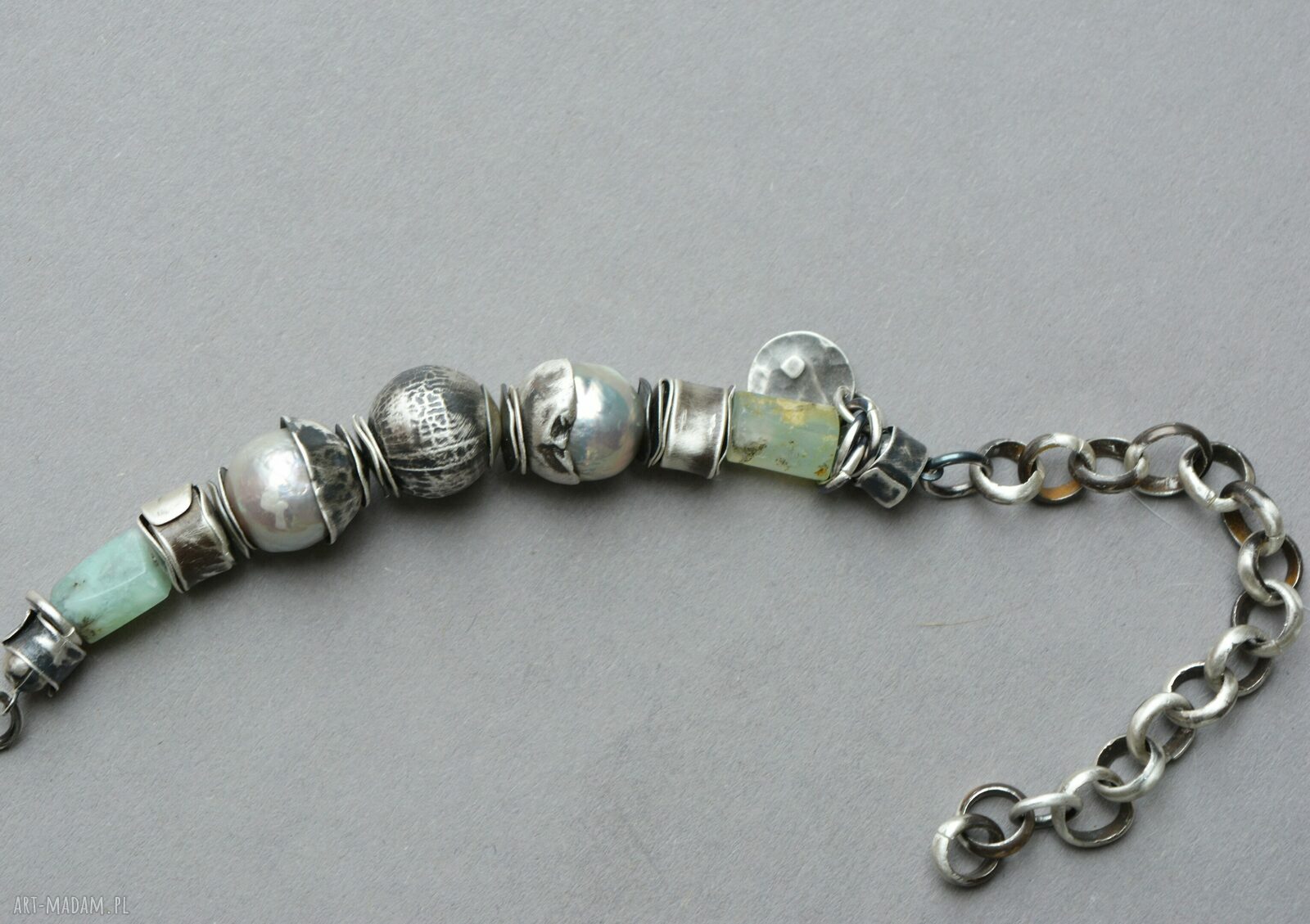 Bransoletka handmade z chryzoprazem i perłami ze srebra 925 oksydowanego