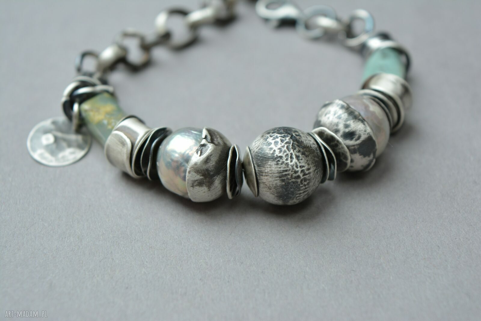 Bransoletka handmade z chryzoprazem i perłami ze srebra 925 oksydowanego