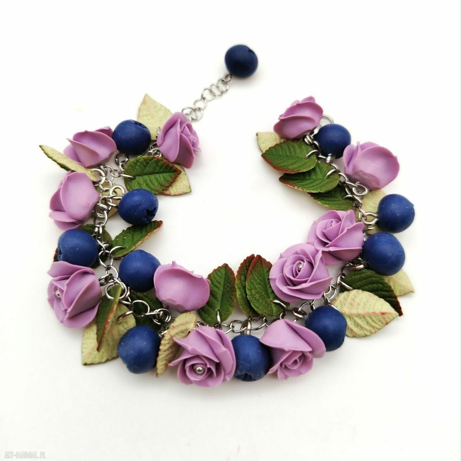 Bransoletka z różami i borówkami - fioletowe kwiaty handmade
