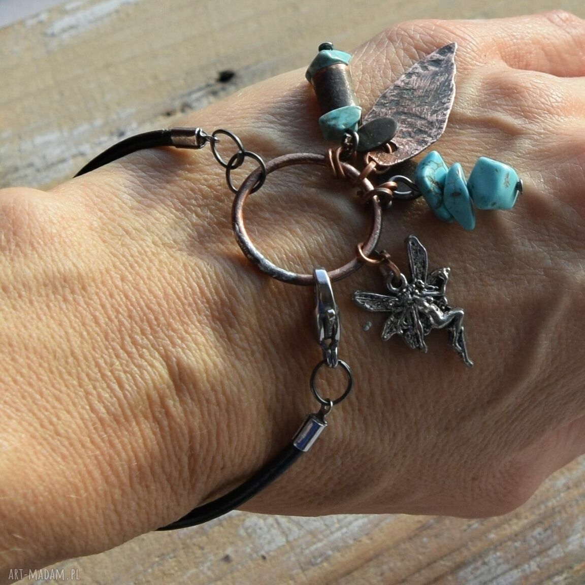 Bransoletka z rzemienia, kutej i oksydowanej miedzi z turkusem - unikat handmade