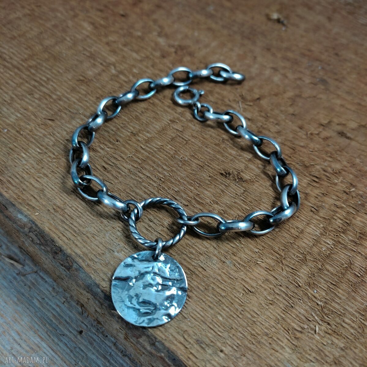 Ręcznie robiona bransoletka z oksydowanego srebra 925 z blaszką 19 mm
