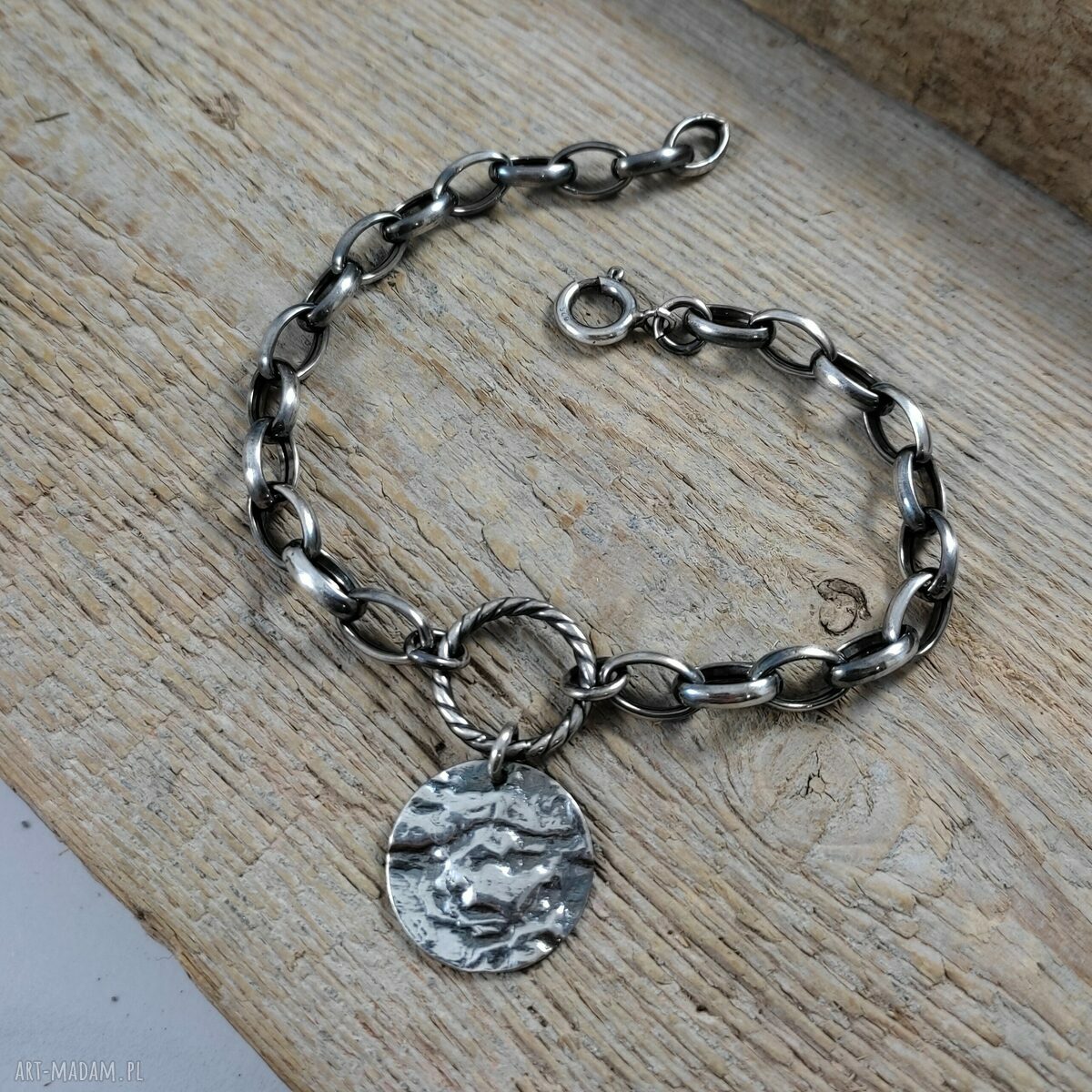 Ręcznie robiona bransoletka z oksydowanego srebra 925 z blaszką 19 mm