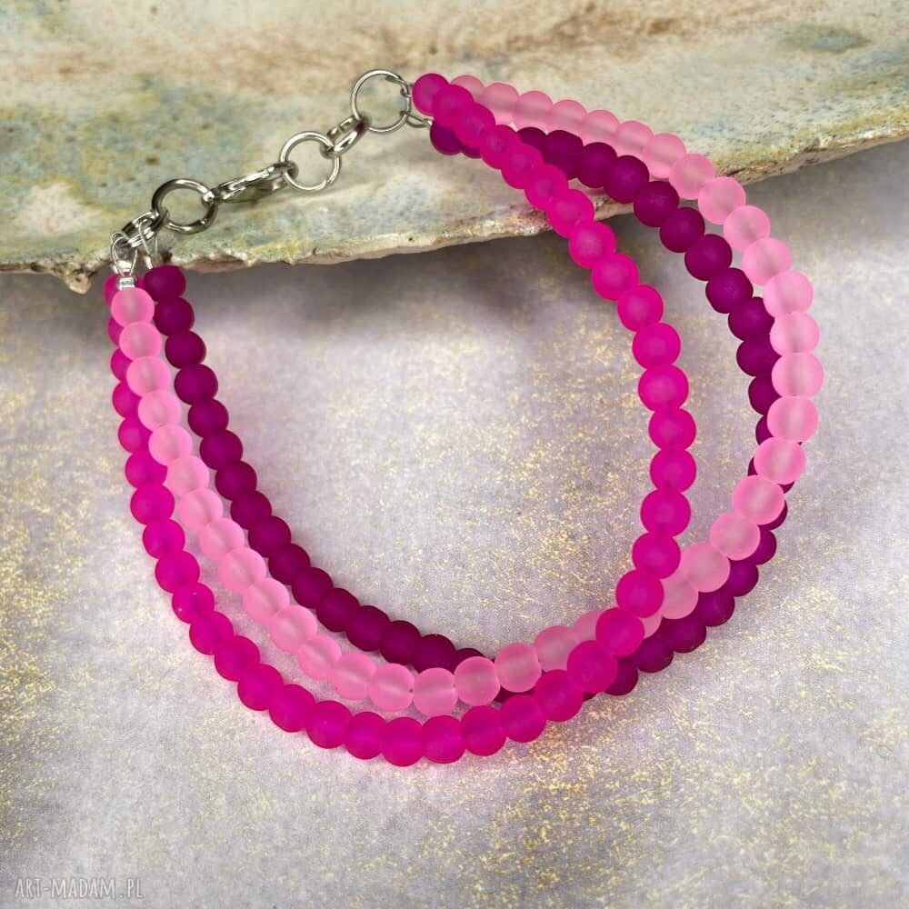 Różowa bransoletka z trzech rzędów szklanych koralików - handmade