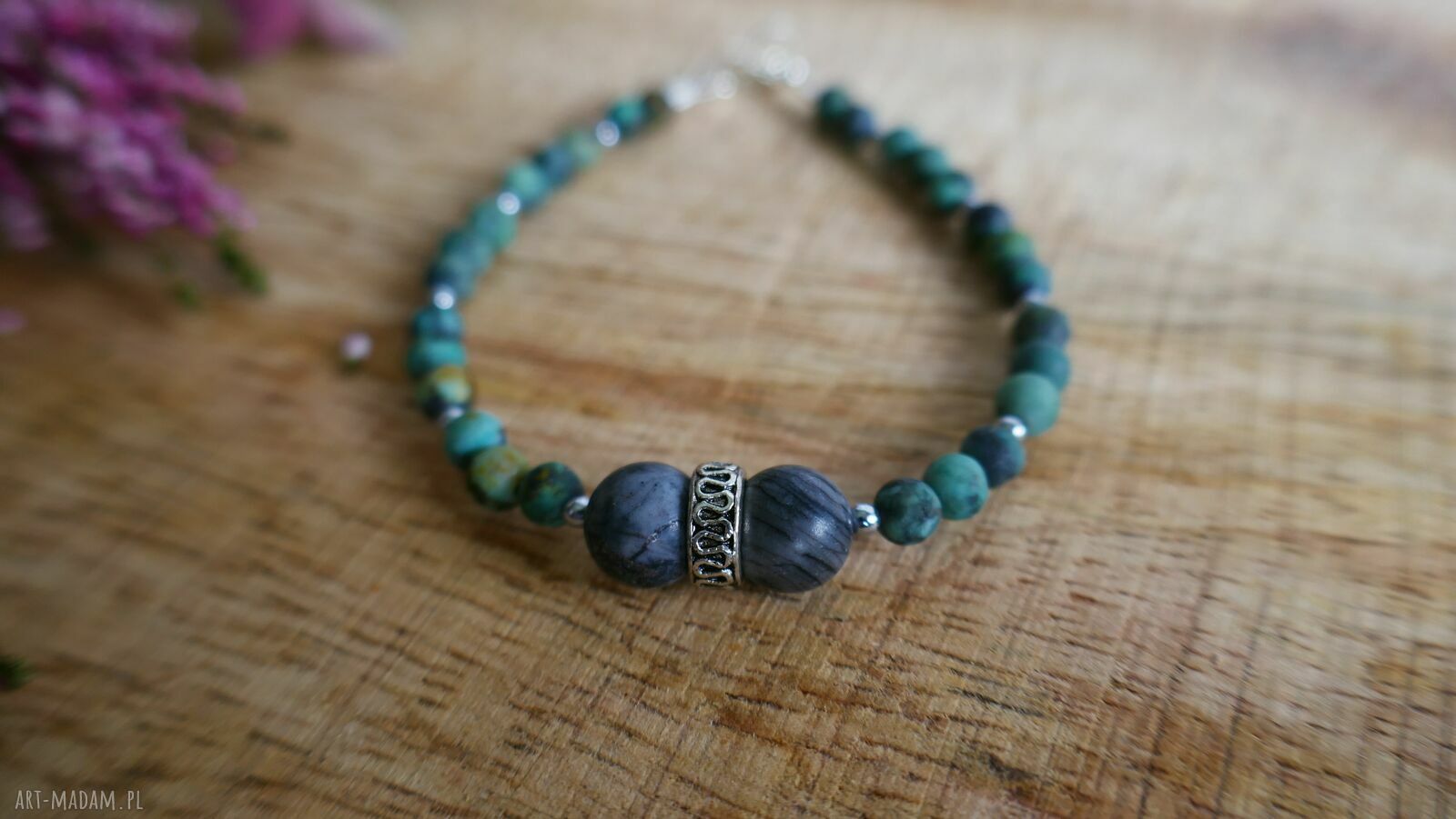 Bransoletka handmade z turkusu afrykańskiego, jaspisu krajobrazowego i hematytu
