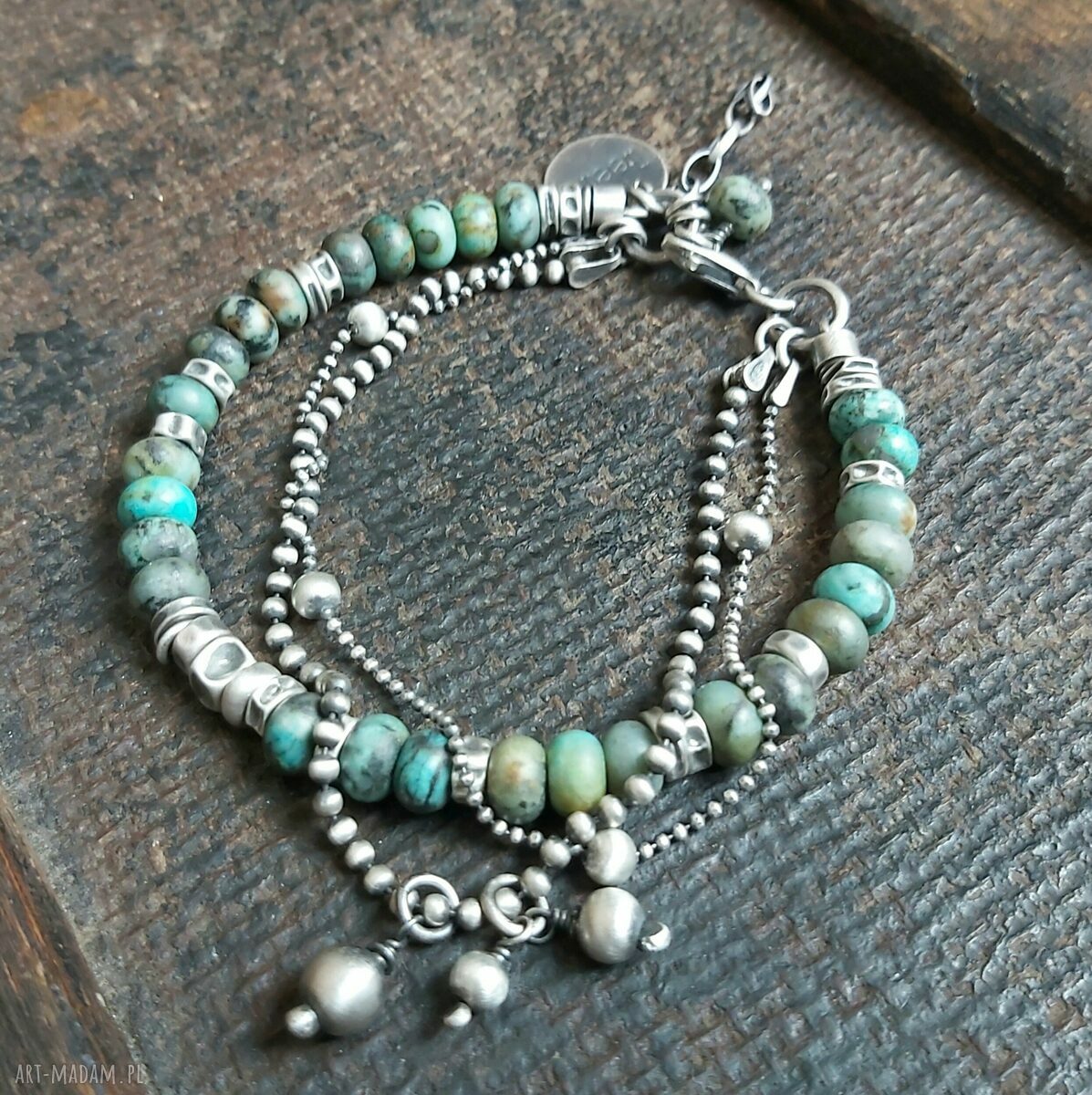 Bransoletka z turkusu afrykańskiego ze srebrnymi kulkami handmade