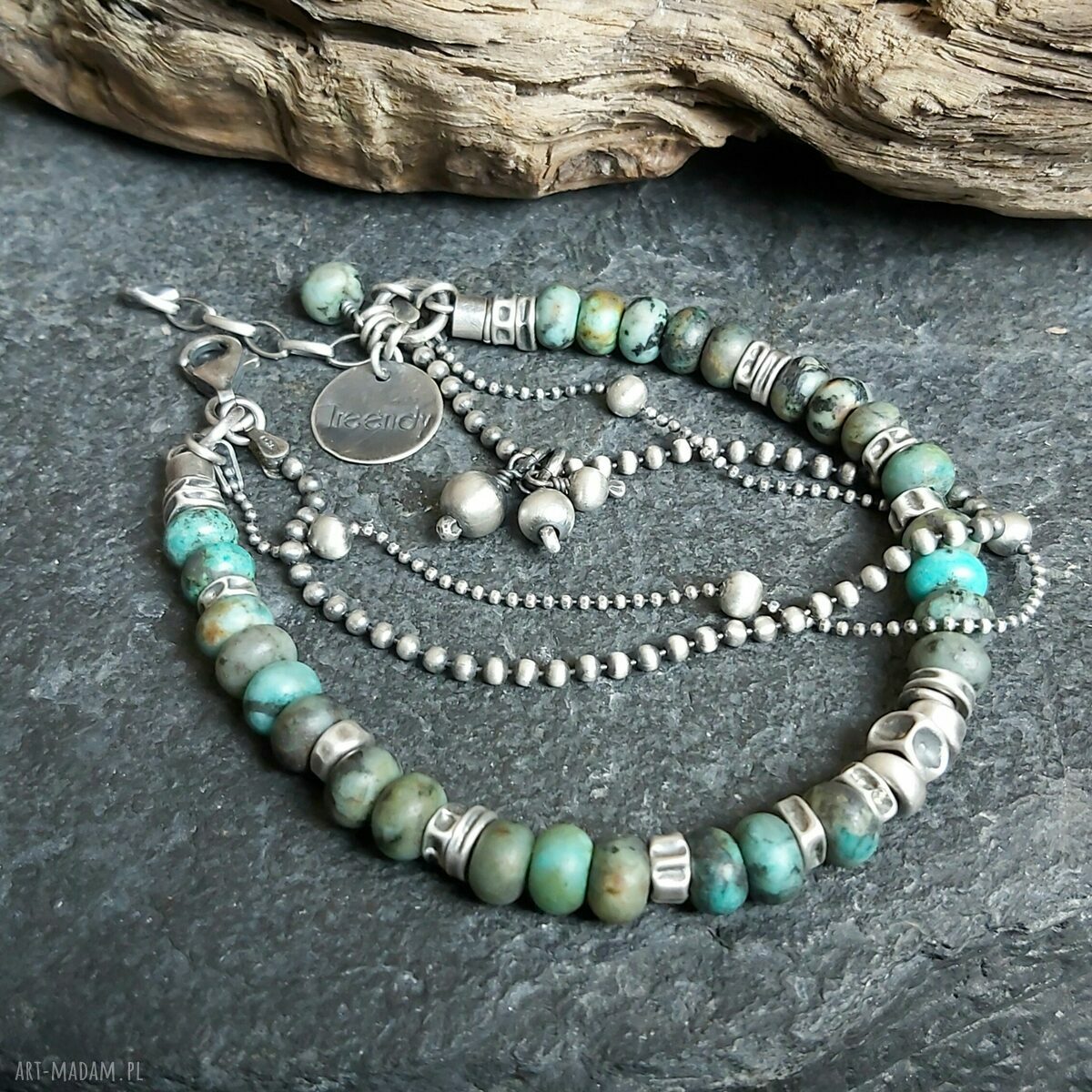 Bransoletka z turkusu afrykańskiego ze srebrnymi kulkami handmade