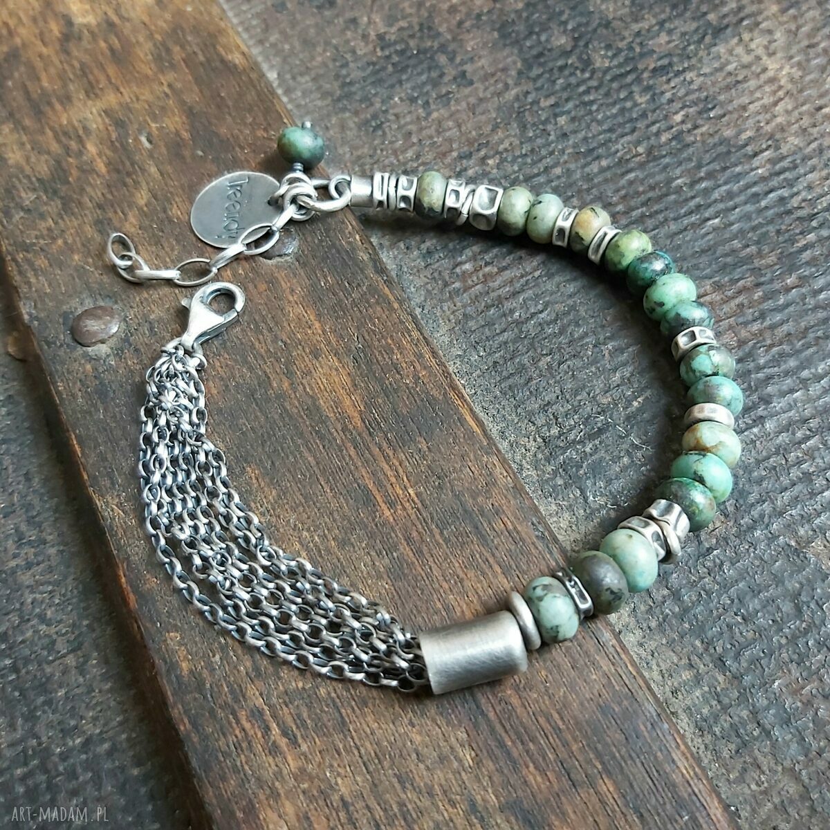 Bransoletka z turkusu afrykańskiego ze srebrnymi łańcuszkami. HandMade