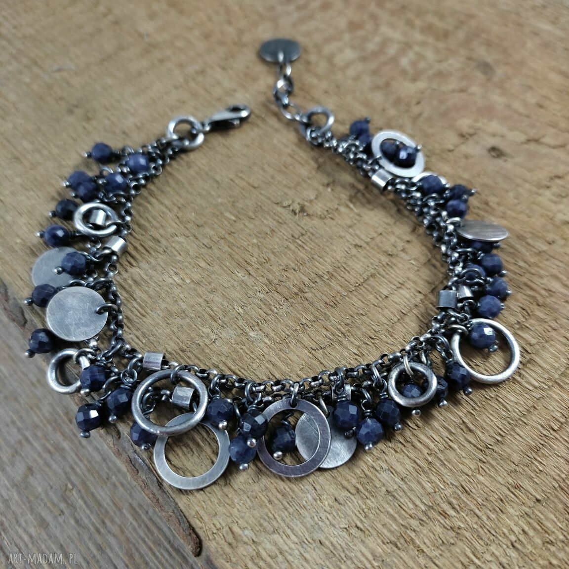 Bransoletka z zawieszkami szafiru - srebro 925 oksydowane (handmade Irart)