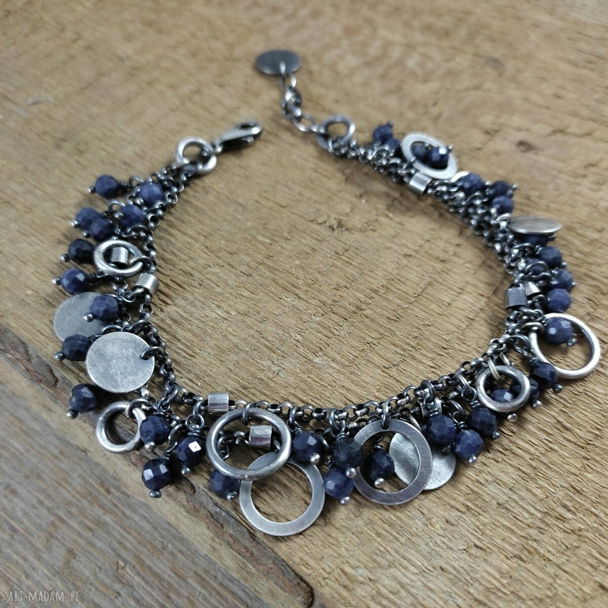 Bransoletka z zawieszkami szafiru - srebro 925 oksydowane (handmade Irart)