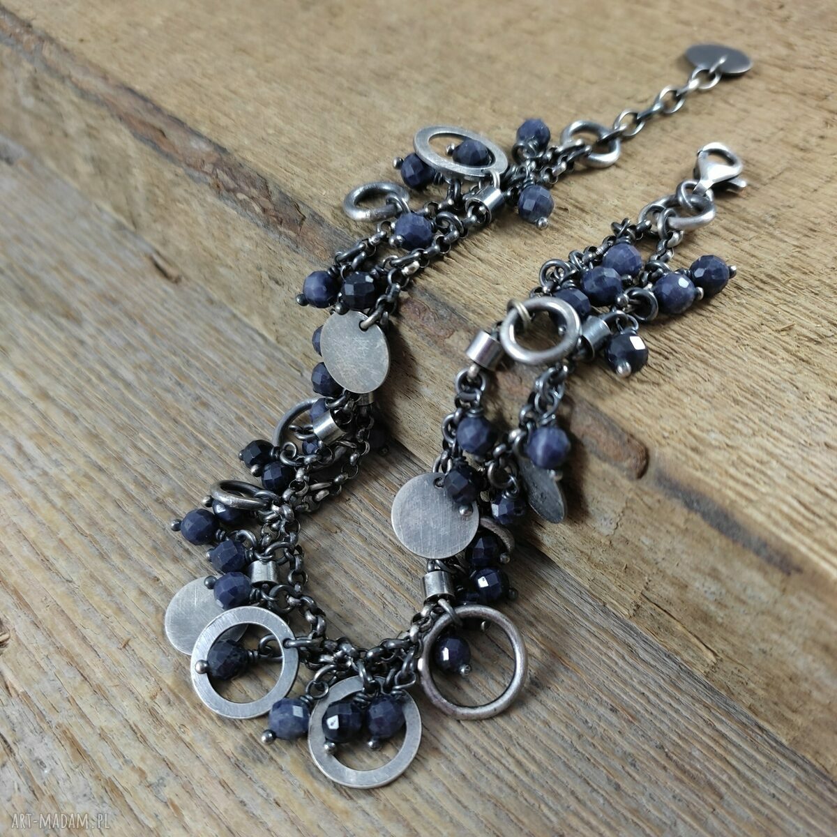 Bransoletka z zawieszkami szafiru - srebro 925 oksydowane (handmade Irart)