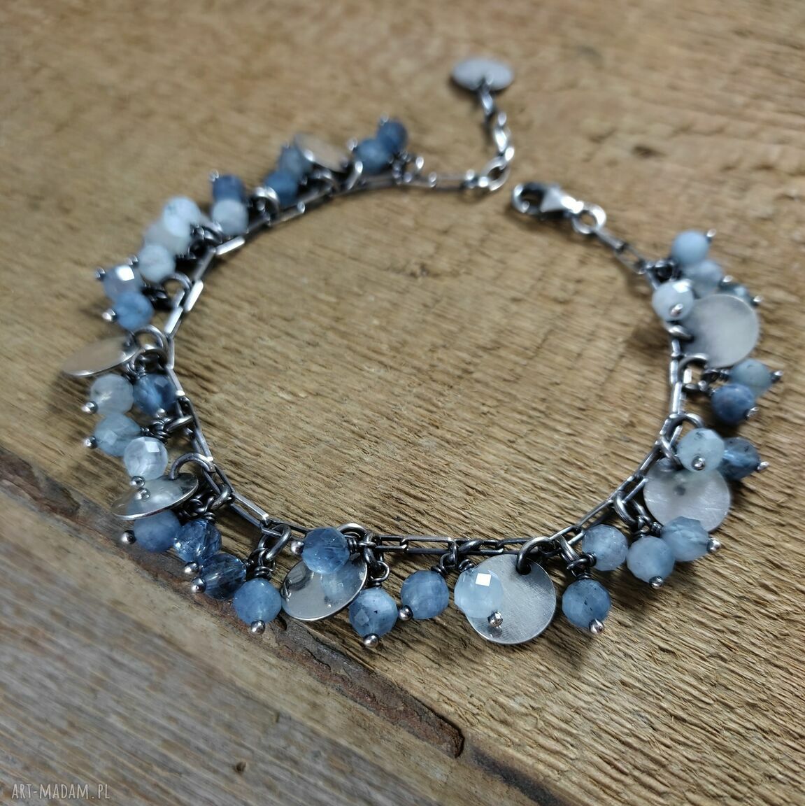 Bransoletka z akwamarynu i srebra 925 - zawieszki, srebro oksydowane (handmade)