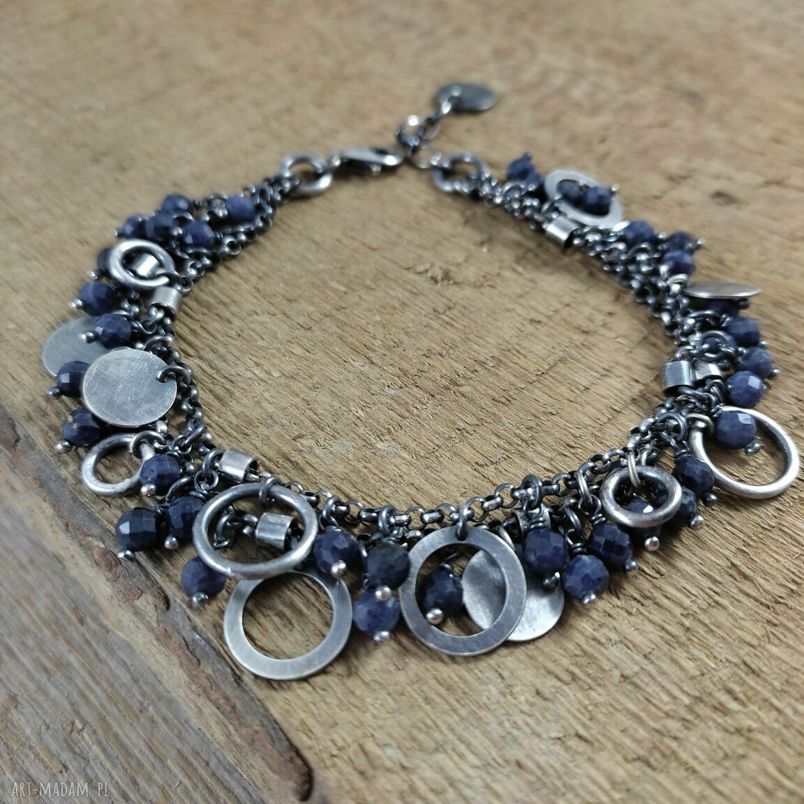 Bransoletka z zawieszkami szafiru - srebro 925 oksydowane (handmade Irart)