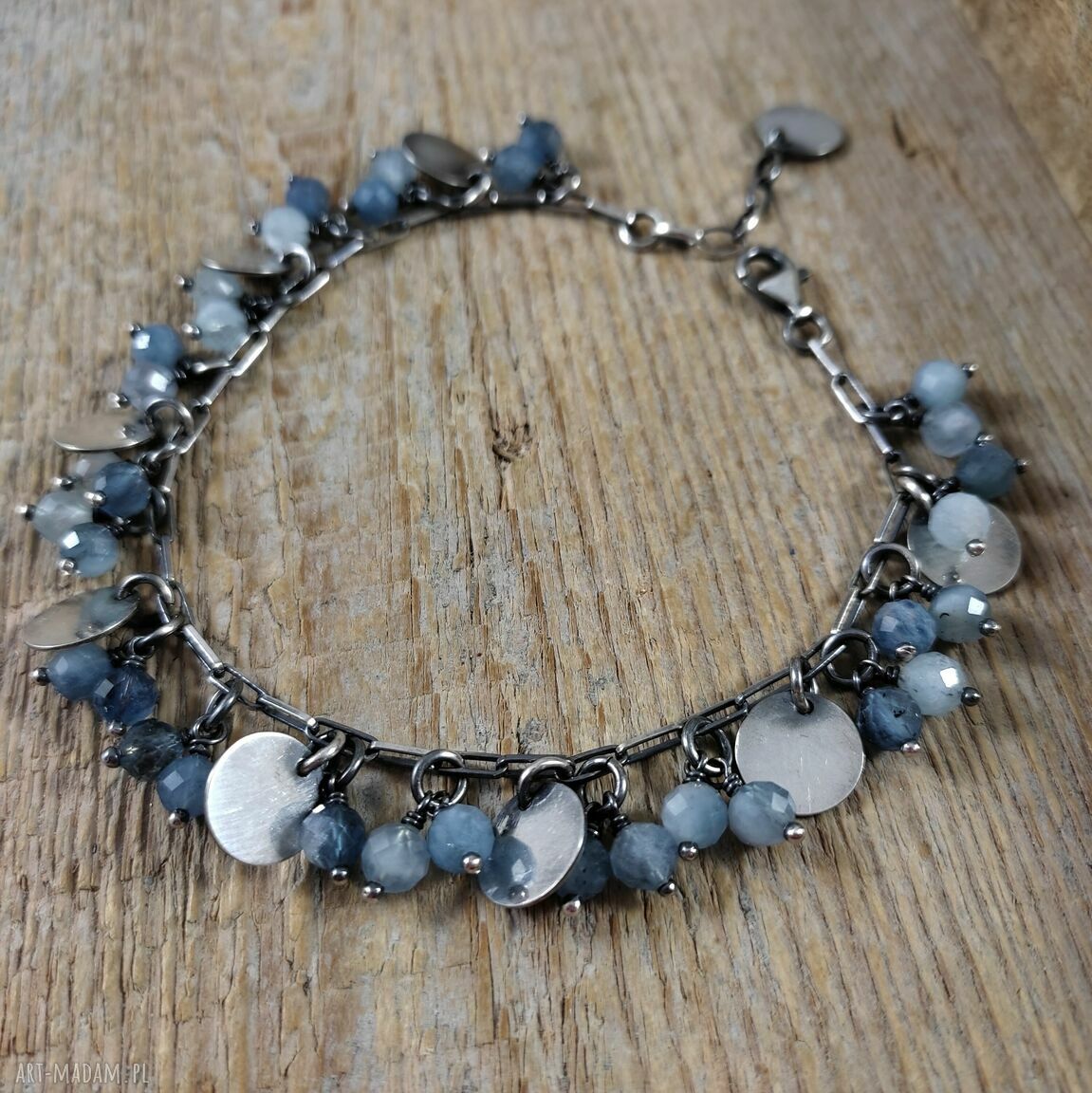 Bransoletka z akwamarynu i srebra 925 - zawieszki, srebro oksydowane (handmade)