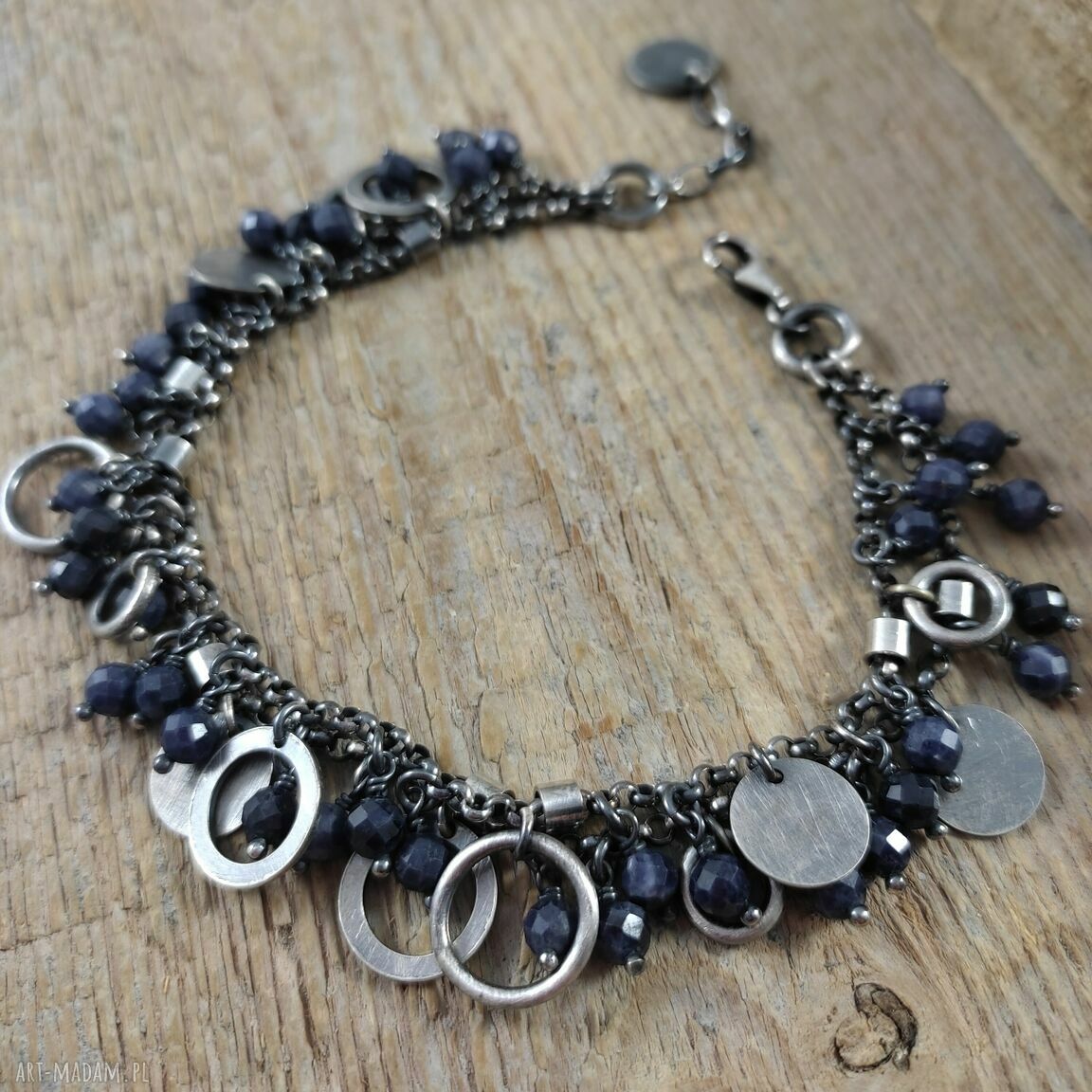 Bransoletka z zawieszkami szafiru - srebro 925 oksydowane (handmade Irart)