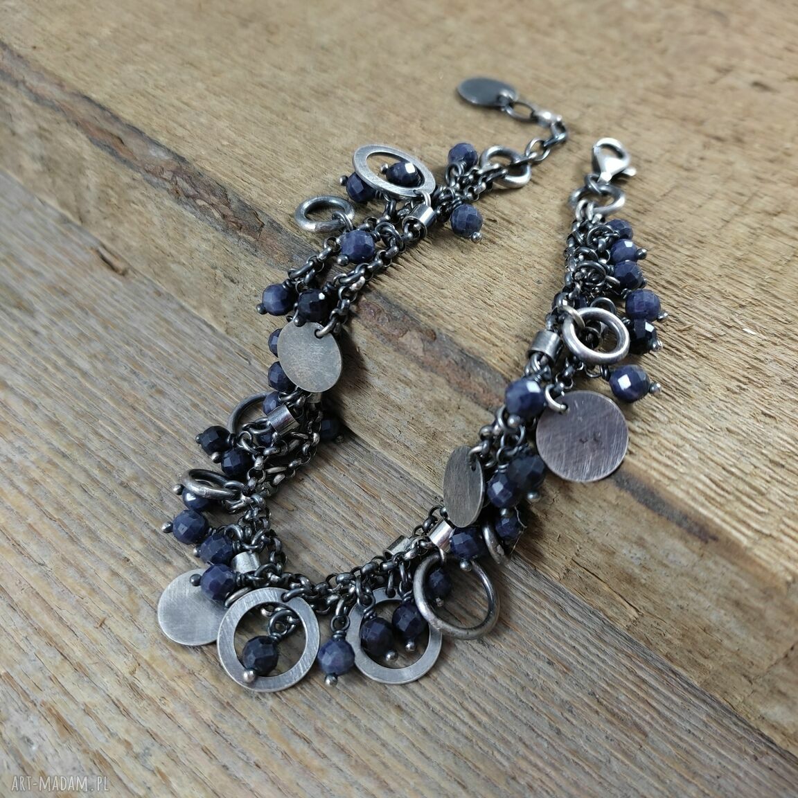 Bransoletka z zawieszkami szafiru - srebro 925 oksydowane (handmade Irart)