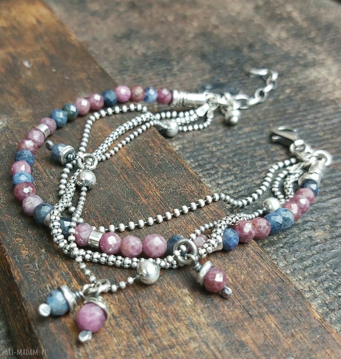  Bransoletka ze srebra z szafirami i rubinami. handmade