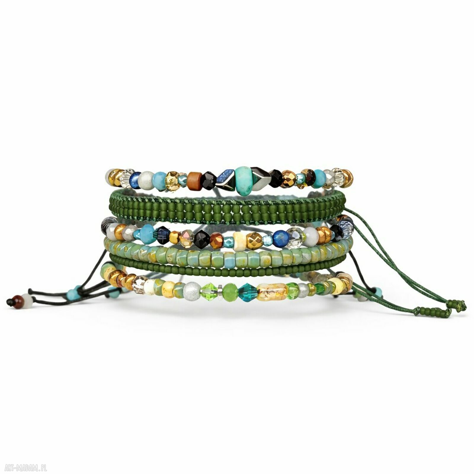 Zestaw 6 bransoletek Boho „Forest & Sky” - turkus i zieleń na sznurku