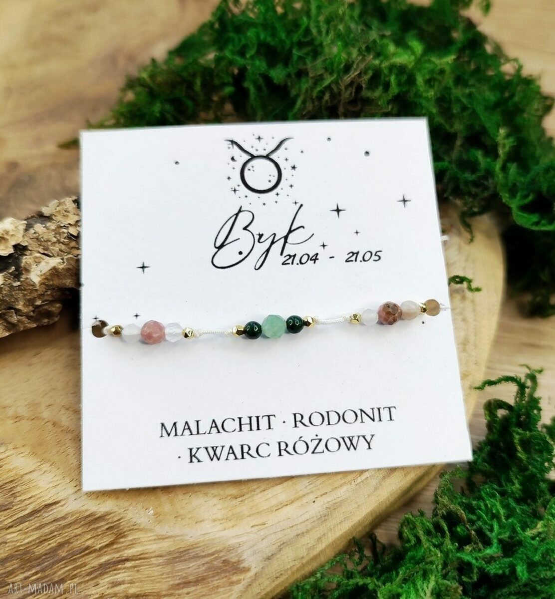 Bransoletka Zodiac - Byk z kamieni naturalnych: malachit, kwarc różowy i rodonit