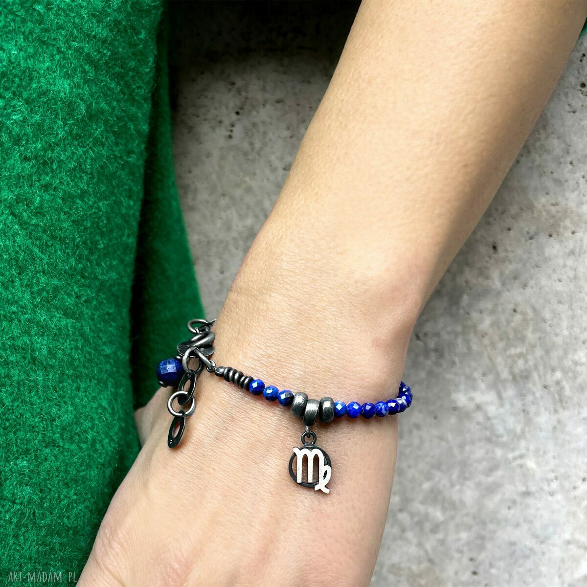 Bransoletka Zodiak Panna z lapisem lazuli i oksydowanym srebrem 925
