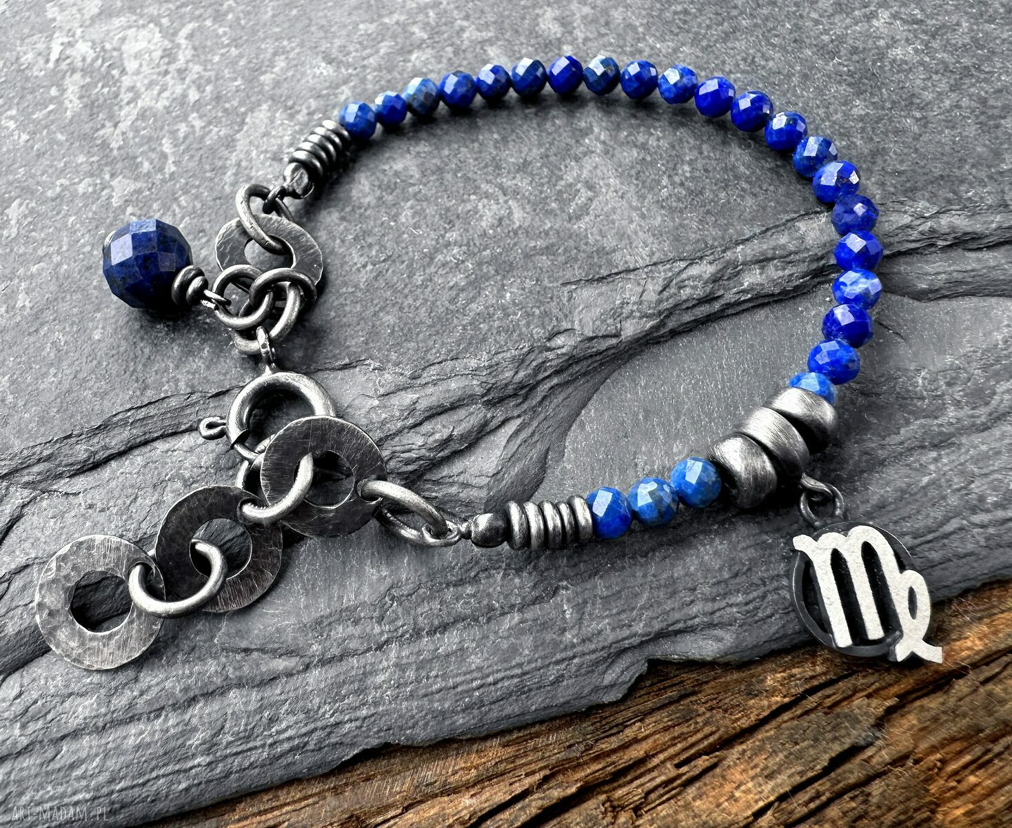 Bransoletka Zodiak Panna z lapisem lazuli i oksydowanym srebrem 925